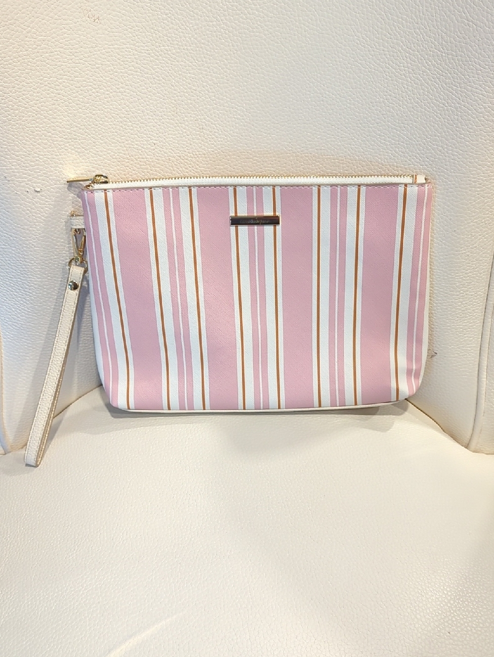 Nanette Lepore Pink Striped Wristlet with Cream Trim